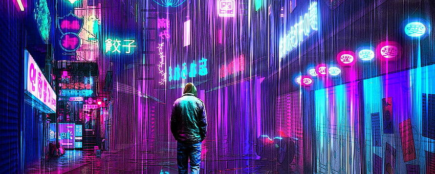 Cyberpunk Alleyway With Loner In Rain And Neon Signs HD wallpaper