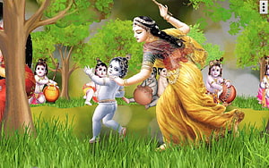 Baby Krishna Stealing Butter from Yashoda in a Lush Green Forest HD wallpaper