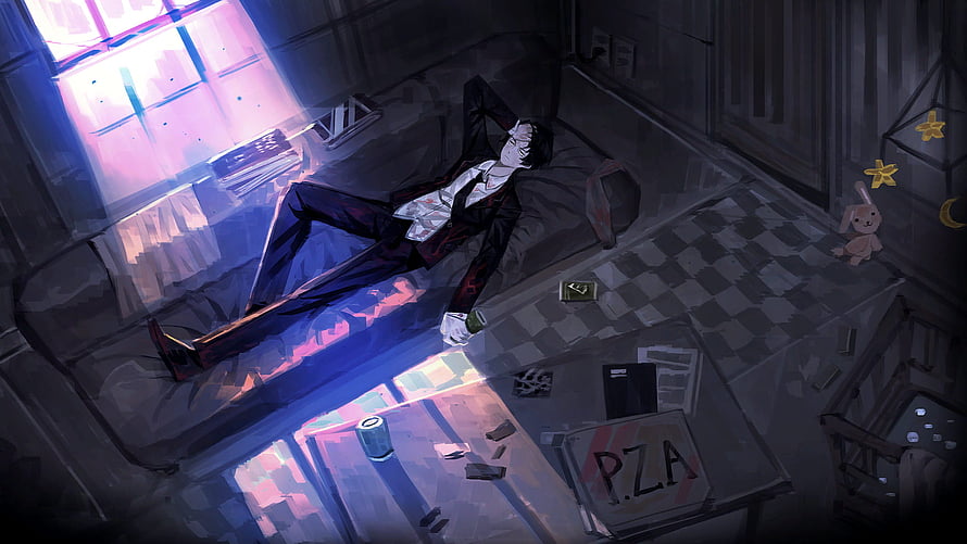 Library of Ruina Character Resting in Dimly Lit Room with Neon Light HD wallpaper