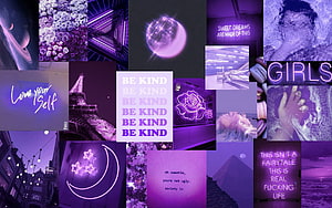 Purple Aesthetic Collage with Neon Signs, Celestial Elements, and Inspirational Quotes HD wallpaper