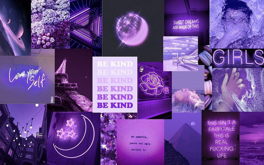 Purple Aesthetic Collage with Neon Signs, Celestial Elements, and Inspirational Quotes HD wallpaper