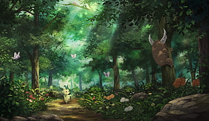 Magical Forest Path With Cute Creature And Beetle In Sunlit Woods HD wallpaper