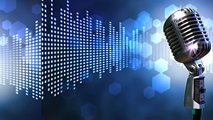 Vintage Microphone with Digital Audio Waveform and Hexagonal Bokeh Background HD wallpaper