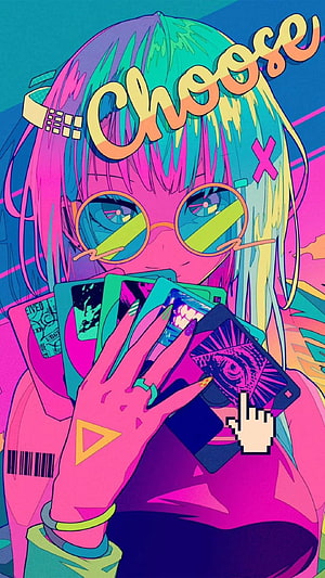 Neon Cyberpunk Anime Girl Holding Cards With Pixel Cursor and Choose Text HD phone wallpaper