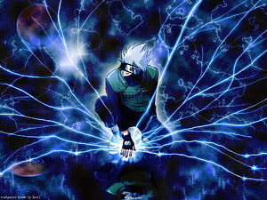 Naruto Kakashi Hatake Channeling Chakra Lightning in Dark Blue Cosmic Setting HD wallpaper