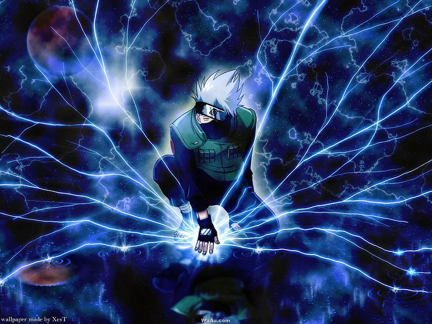 Naruto Kakashi Hatake Channeling Chakra Lightning in Dark Blue Cosmic Setting HD wallpaper