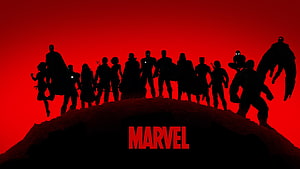 Marvel Avengers Team Silhouette on Hill Against Red Sky HD wallpaper