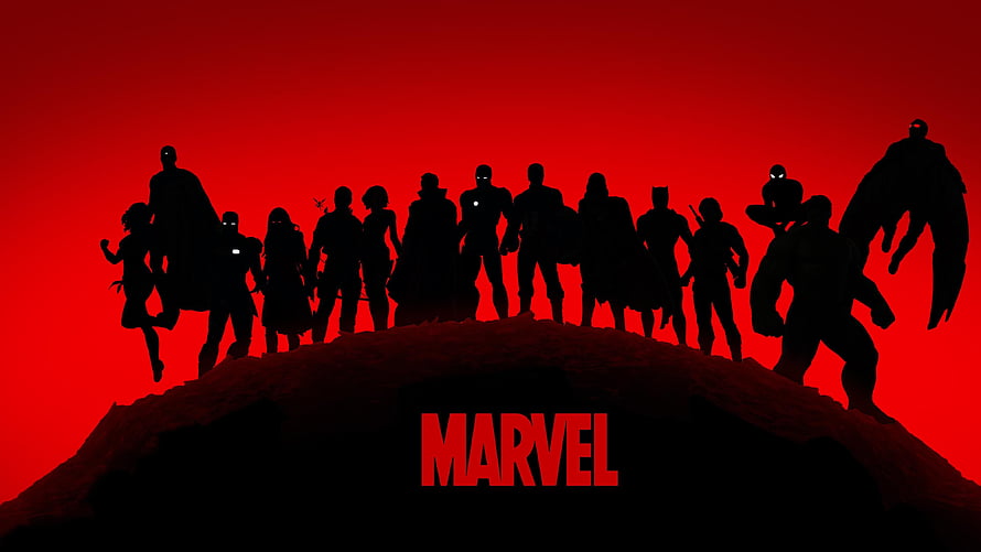 Marvel Avengers Team Silhouette on Hill Against Red Sky HD wallpaper