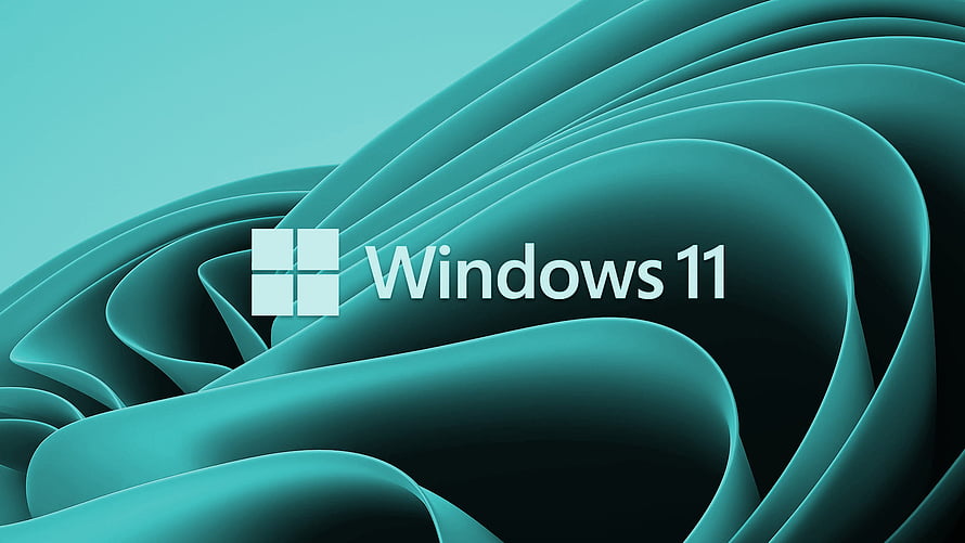 Windows 11 Default Teal Wallpaper with Abstract Flowing Waves and Logo HD wallpaper