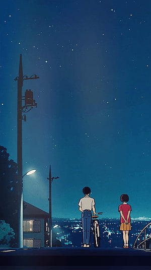 Anime Couple Watching Starry Night Sky Over City Lights HD phone wallpaper