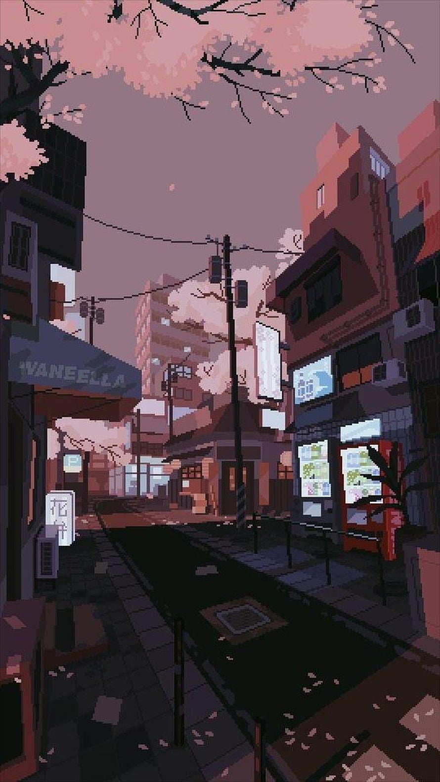 Pixel Art Japanese City Street with Cherry Blossoms at Dusk HD phone wallpaper