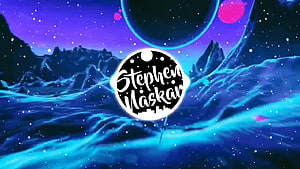Stephen Naskar Logo Over Neon Blue Alien Landscape with Purple Sky and Ringed Planet HD wallpaper