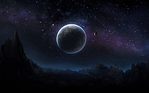 Mysterious Alien Planet Rising Over Jagged Rocky Terrain Under a Starry Night Sky HD wallpaper