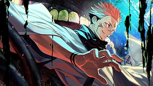 Sukuna from Jujutsu Kaisen in a Dynamic Action Pose with Red Hair and Intense Expression HD wallpaper