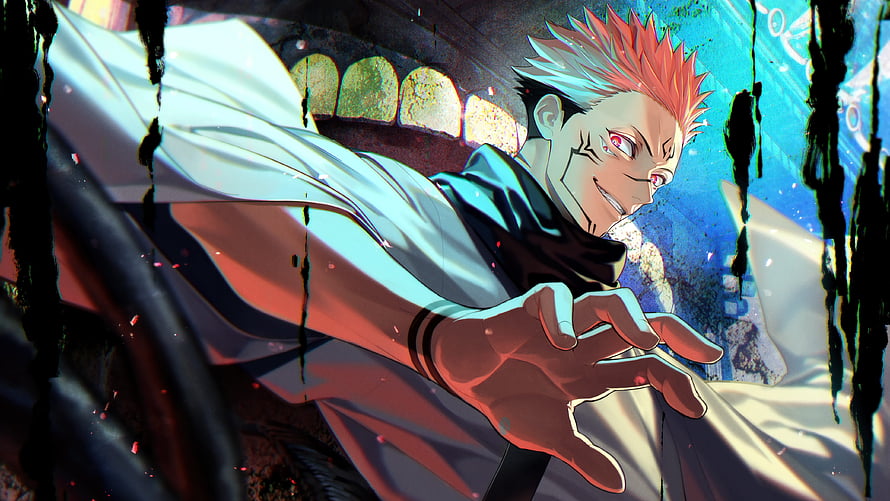 Sukuna from Jujutsu Kaisen in a Dynamic Action Pose with Red Hair and Intense Expression HD wallpaper