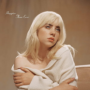 Billie Eilish in a cream knit sweater with platinum blonde hair and a contemplative expression HD phone wallpaper
