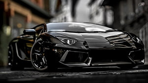 Black Lamborghini Aventador Low Angle Front View on Wet City Street HD wallpaper