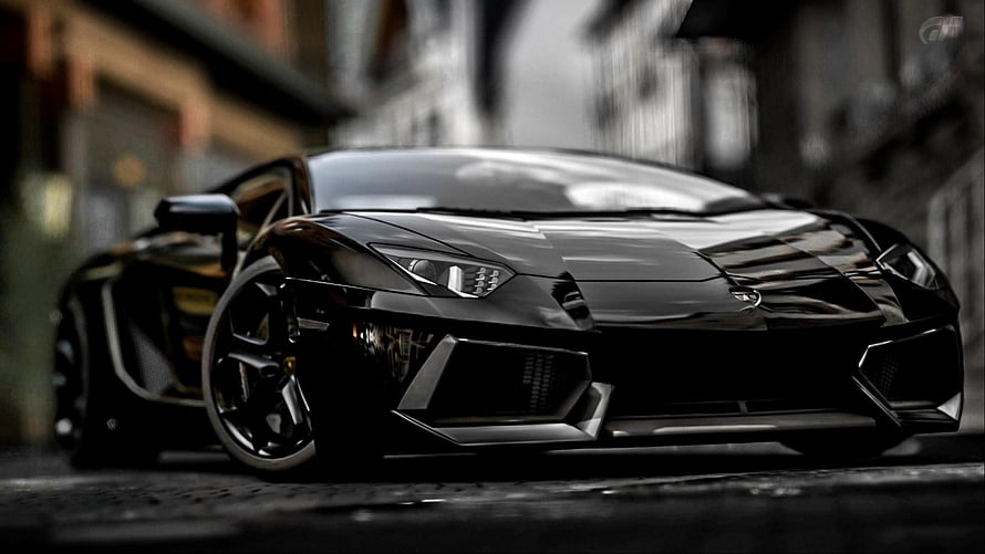 Black Lamborghini Aventador Low Angle Front View on Wet City Street HD wallpaper
