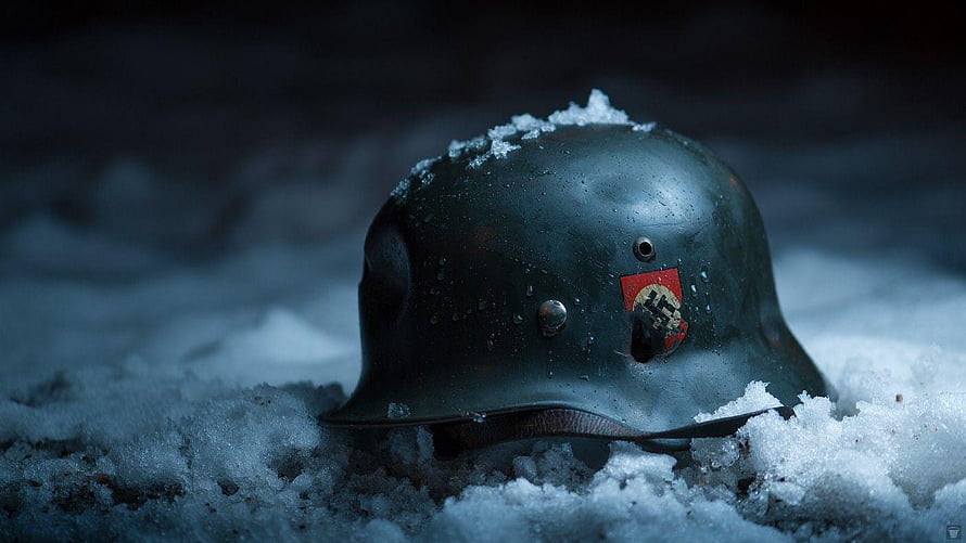 Weathered Military Steel Helmet Resting in Snow with Red Insignia Patch HD wallpaper