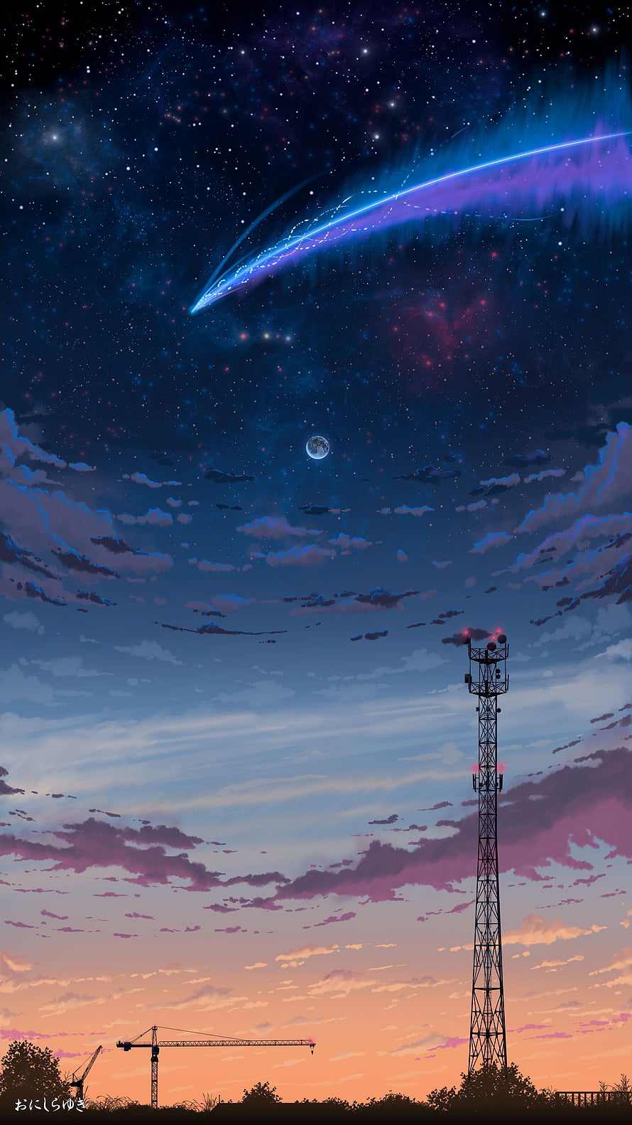 Anime style night sky with shooting star, moon, and cell tower silhouette HD phone wallpaper