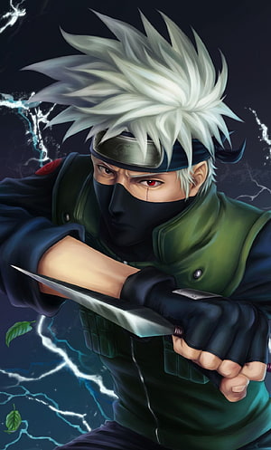Kakashi Hatake Sharingan Portrait with Lightning and Kunai HD phone wallpaper