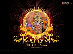 Sikotar Maa Hindu Goddess Portrait with Golden Ornate Frame and Marigold Garlands HD wallpaper