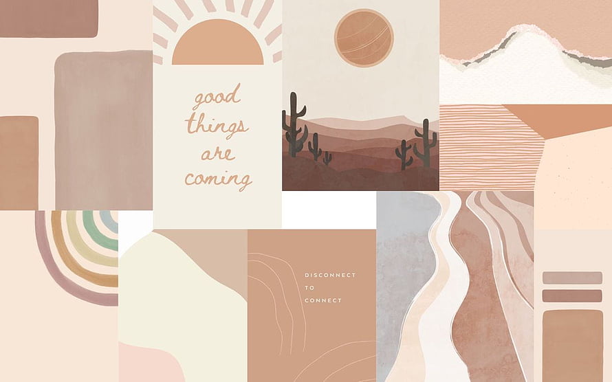 Beige Aesthetic Collage with Desert Cacti, Sun, and Minimalist Typography HD wallpaper
