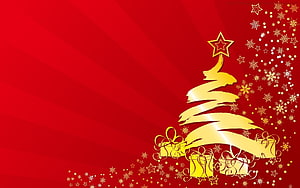 Golden Christmas Tree With Gift Boxes And Snowflakes On Red Background HD wallpaper