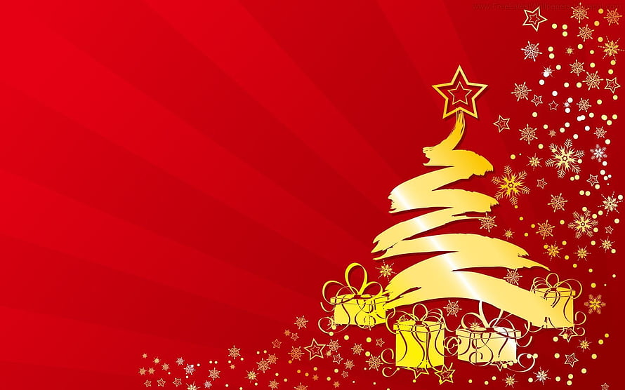 Golden Christmas Tree With Gift Boxes And Snowflakes On Red Background HD wallpaper