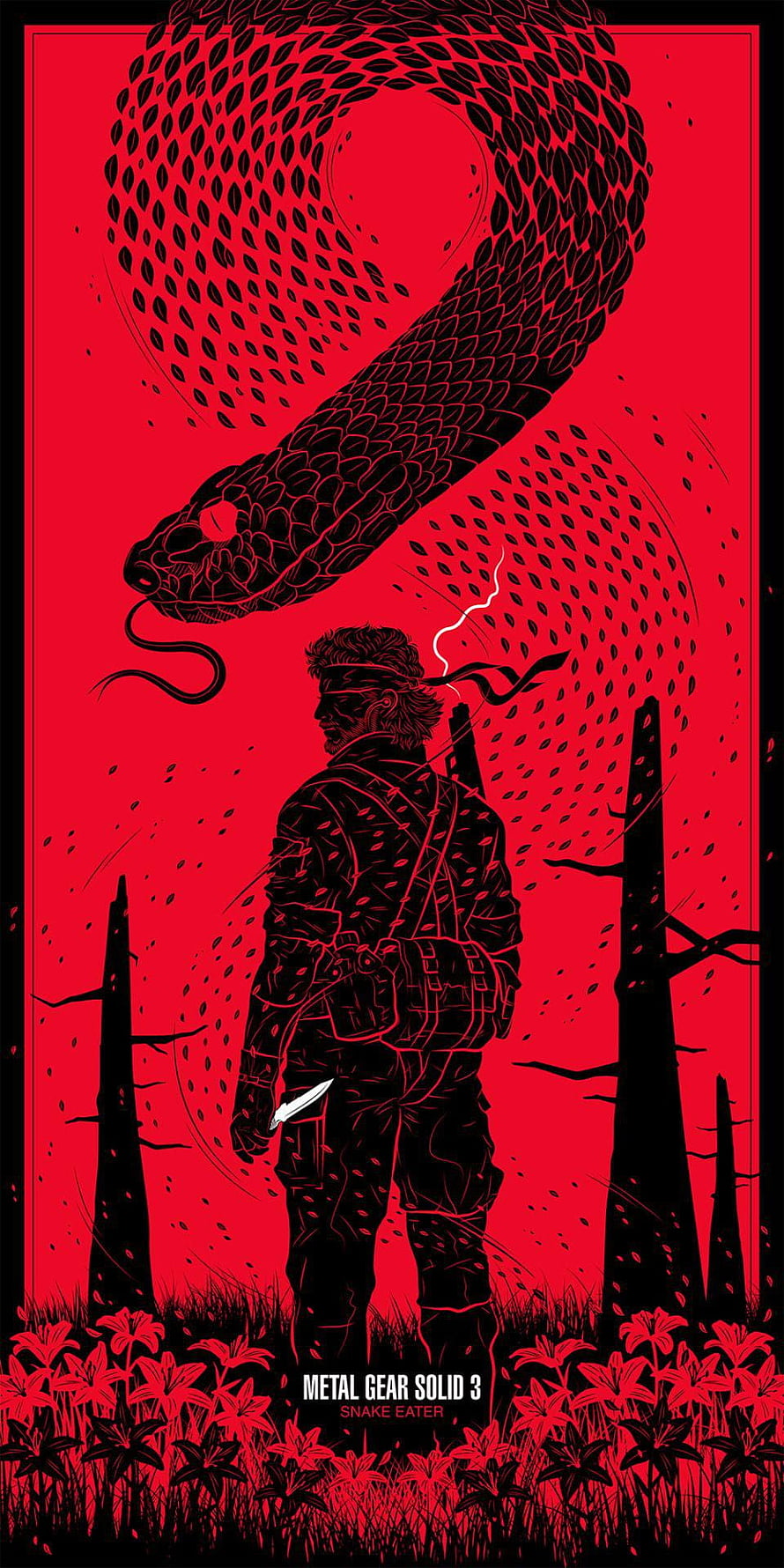 Metal Gear Solid 3 Snake Eater poster featuring Naked Snake and a giant cobra in red and black HD phone wallpaper