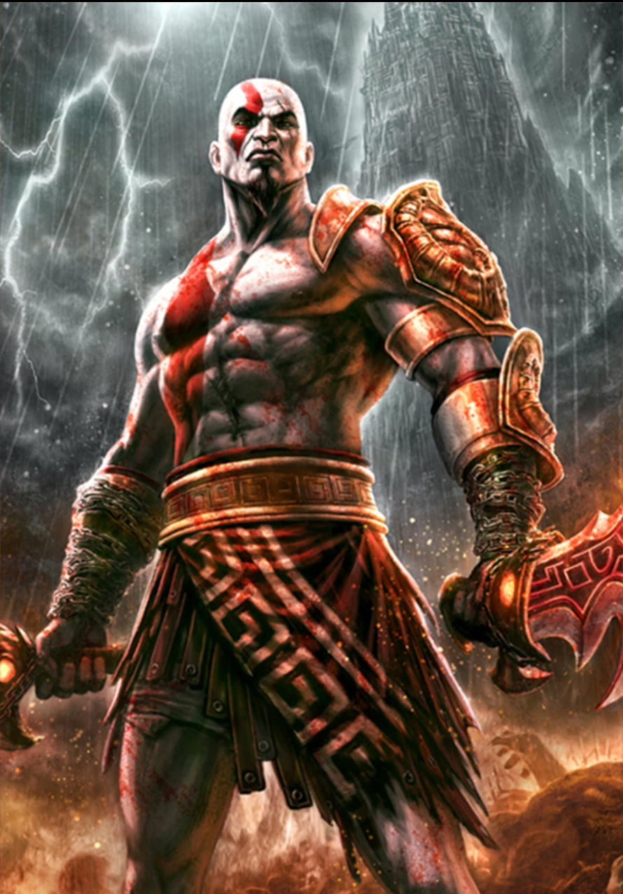 Kratos from God of War standing in a stormy battlefield with lightning and ancient ruins HD phone wallpaper