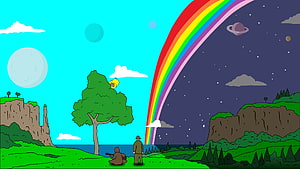 Big Lez Show Cartoon Landscape With Rainbow, Planets, and Two Characters Under a Tree HD wallpaper