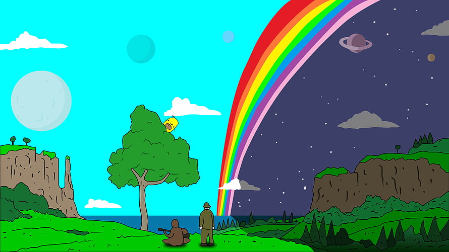 Big Lez Show Cartoon Landscape With Rainbow, Planets, and Two Characters Under a Tree HD wallpaper