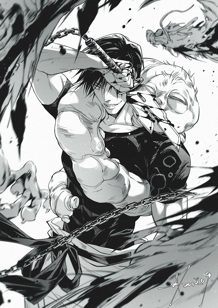 Toji Fushiguro Wielding Chains and Katana in Dynamic Black and White Manga Illustration HD phone wallpaper