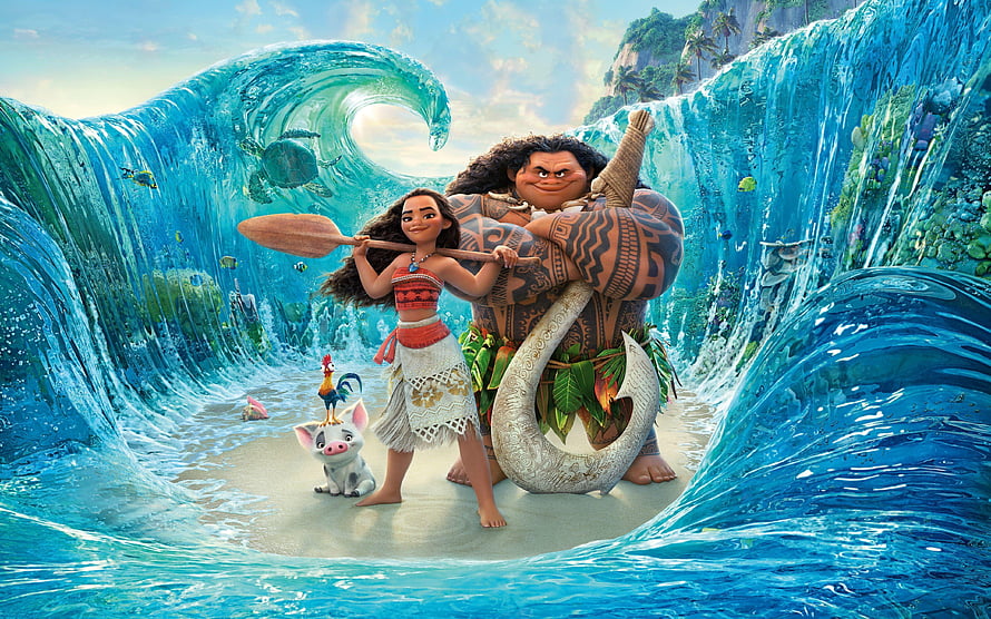Moana and Maui standing together inside a massive ocean wave with Pua and Heihei HD wallpaper