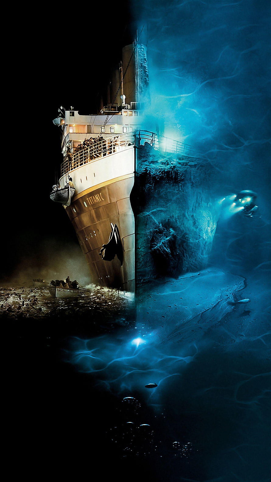 Titanic Ship Sinking and Underwater Wreckage Split Screen Wallpaper HD phone wallpaper
