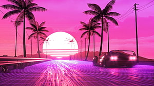 Retro 80s Synthwave Sunset with Neon Grid Road and Classic Sports Car HD wallpaper