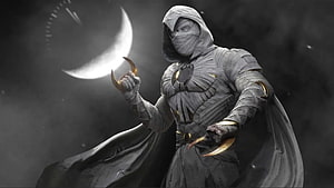 Moon Knight in White Hooded Suit Holding Crescent Blade Under a Full Moon HD wallpaper