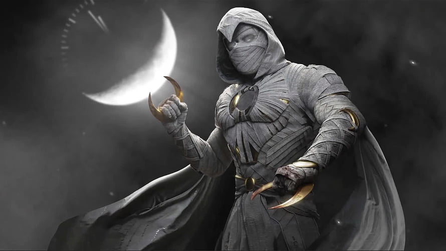Moon Knight in White Hooded Suit Holding Crescent Blade Under a Full Moon HD wallpaper