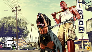 Grand Theft Auto V Rasterized Artwork Featuring Rottweiler and Man with Baseball Bat, GTAV – PS4, gta 5 ps4 HD wallpaper