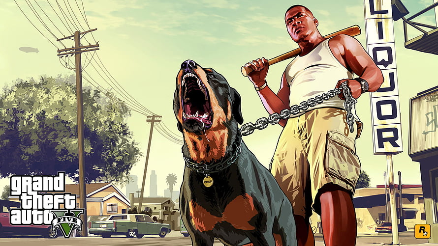 Grand Theft Auto V Rasterized Artwork Featuring Rottweiler and Man with Baseball Bat, GTAV – PS4, gta 5 ps4 HD wallpaper