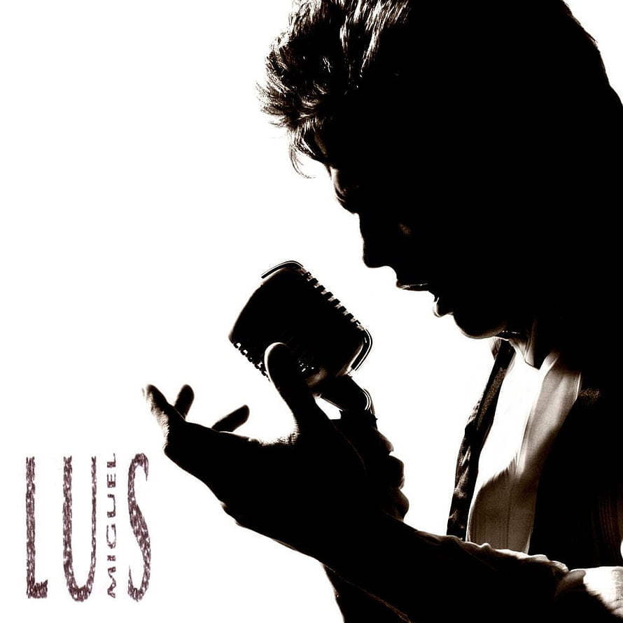 Luis Miguel Silhouette Portrait with Vintage Microphone in High Contrast Black and White HD phone wallpaper