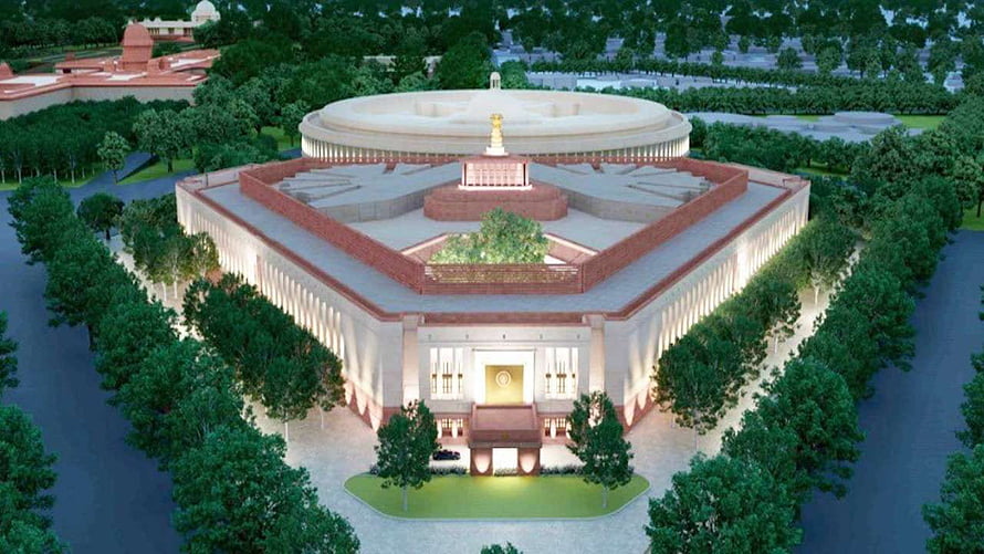 Aerial View of India's New Parliament Building with Red Sandstone Facade and Central Dome HD wallpaper