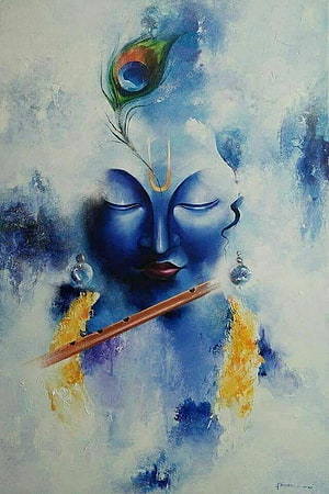 Serene Blue Lord Krishna Playing Flute With Peacock Feather Art HD phone wallpaper