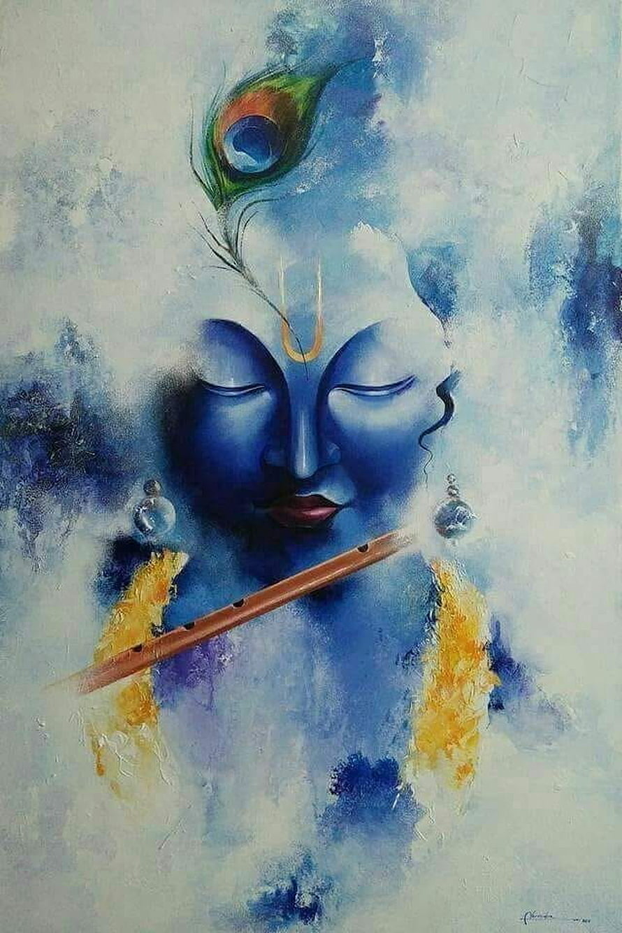 Serene Blue Lord Krishna Playing Flute With Peacock Feather Art HD phone wallpaper
