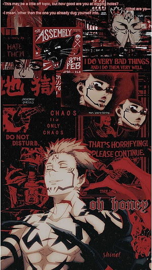 Sukuna Ryomen Jujutsu Kaisen anime collage wallpaper featuring red and black aesthetic with quotes and character art HD phone wallpaper