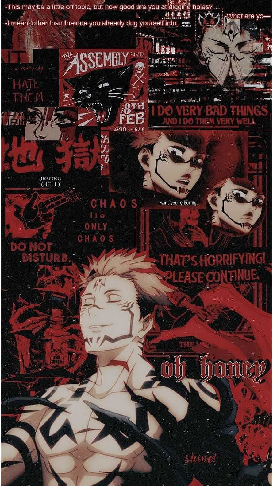 Sukuna Ryomen Jujutsu Kaisen anime collage wallpaper featuring red and black aesthetic with quotes and character art HD phone wallpaper