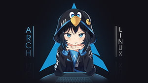 Arch Linux Mascot Anime Girl in Penguin Hoodie at Keyboard HD wallpaper