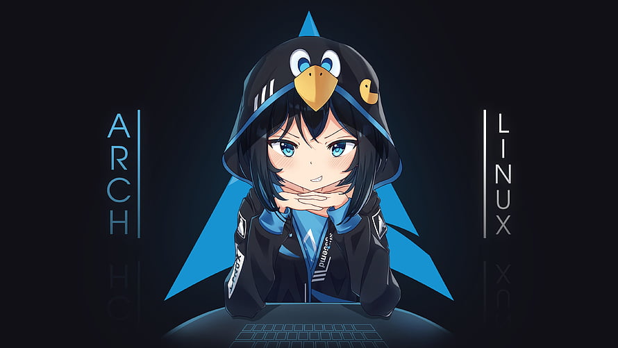 Arch Linux Mascot Anime Girl in Penguin Hoodie at Keyboard HD wallpaper