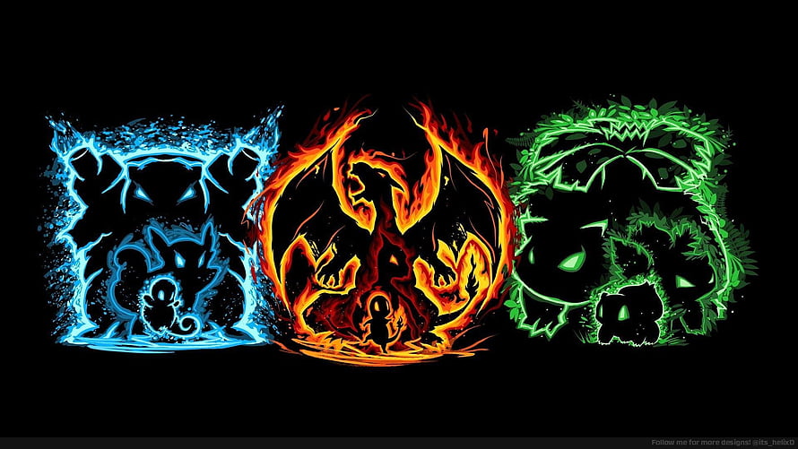 Pokemon Elemental Trio: Water, Fire, and Grass Type Silhouettes on Black Background HD wallpaper